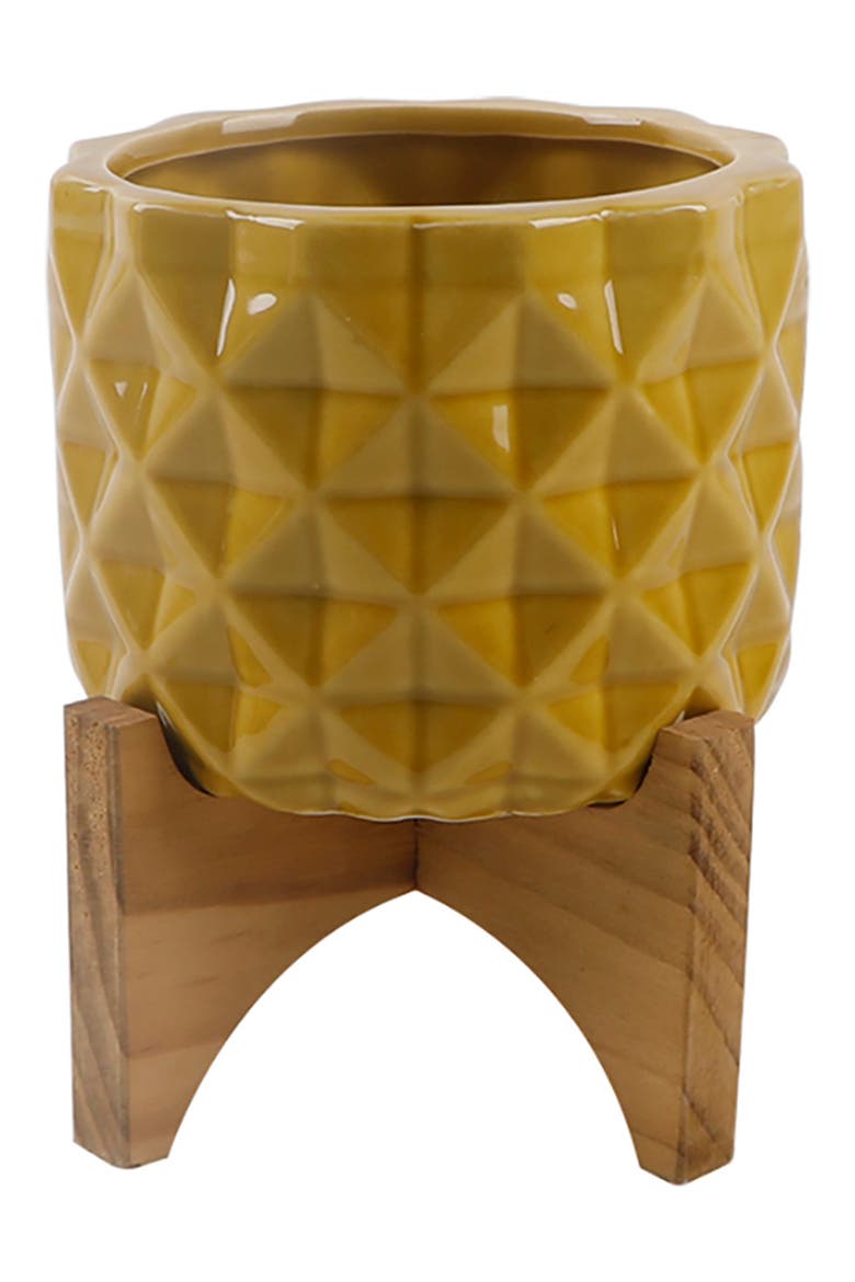 Mustard Geo Dimpled Ceramic Planter Pot on Wood Stand, Main, color, MUSTARD