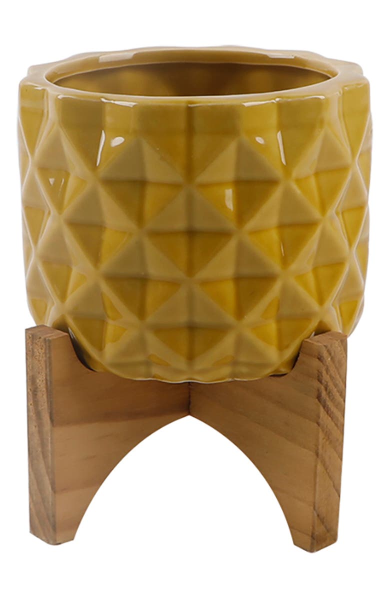 FLORA BUNDA Mustard Geo Dimpled Ceramic Planter Pot on Wood Stand, Main, color,