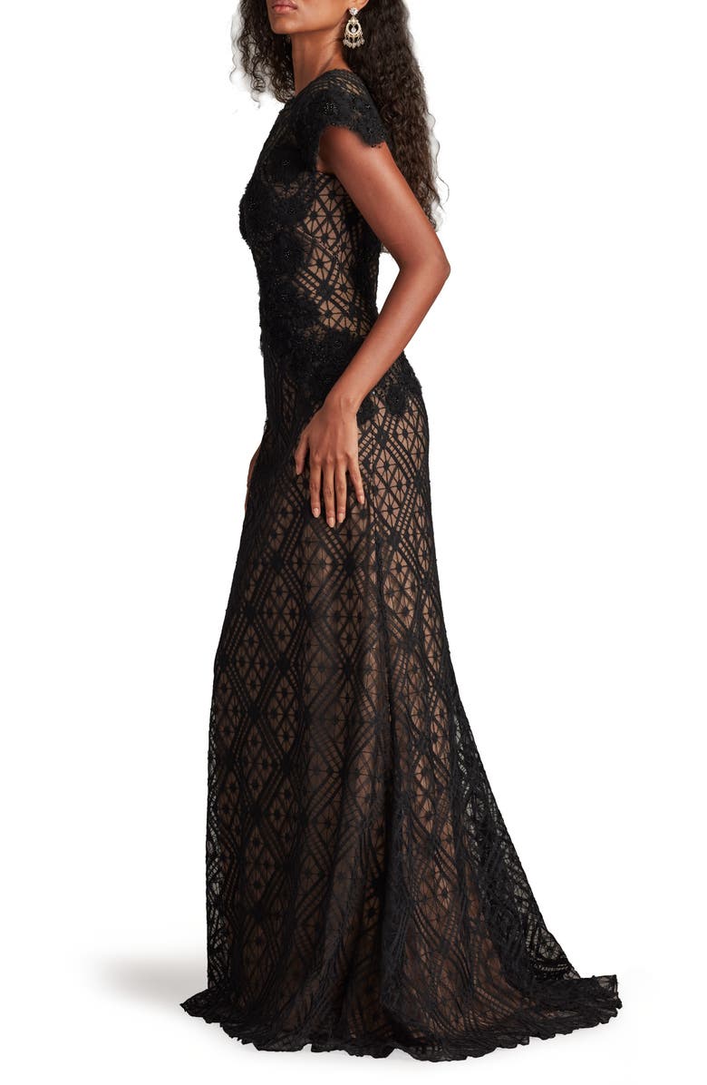 Tadashi Shoji Embellished Flutter Sleeve Lace Mermaid Gown, Alternate, color, Black/ Nude