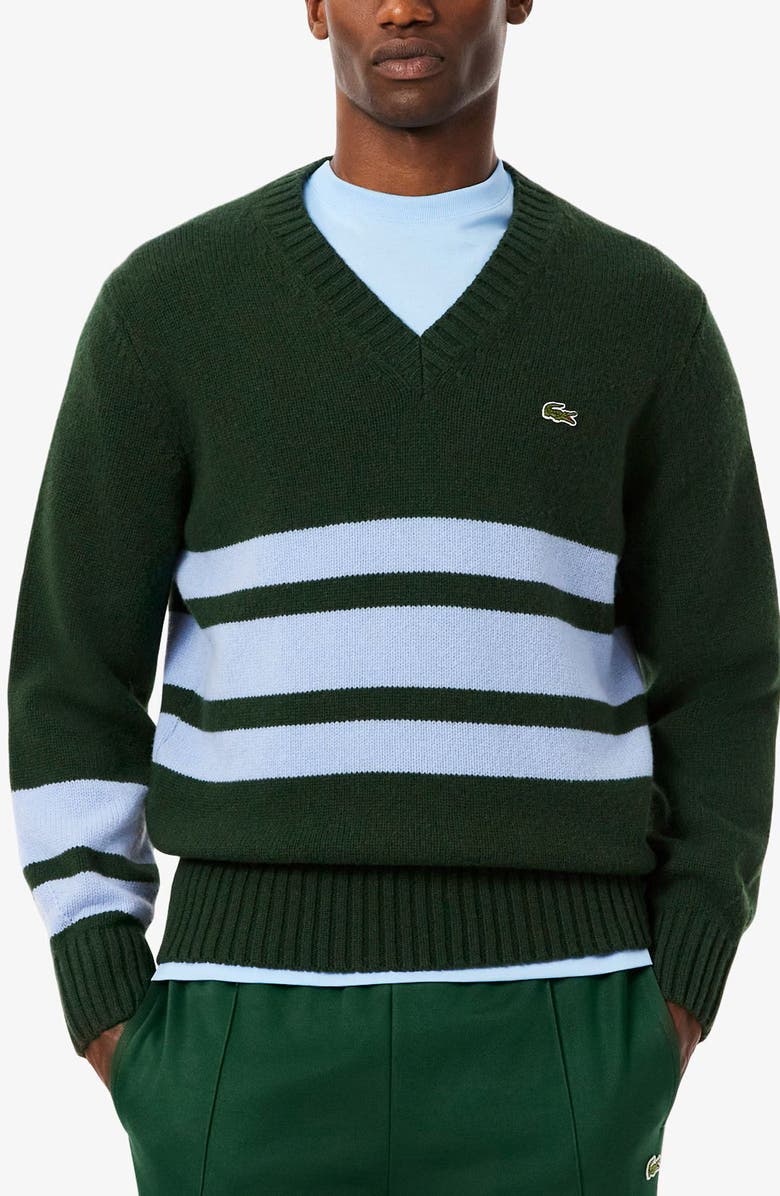 Lacoste Classic Stripe Wool V-Neck Sweater, Main, color, Sinople/ Overview