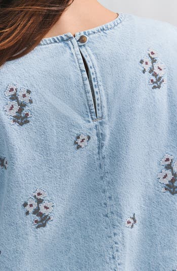 Floral Cross-Stitch Denim Shift Dress