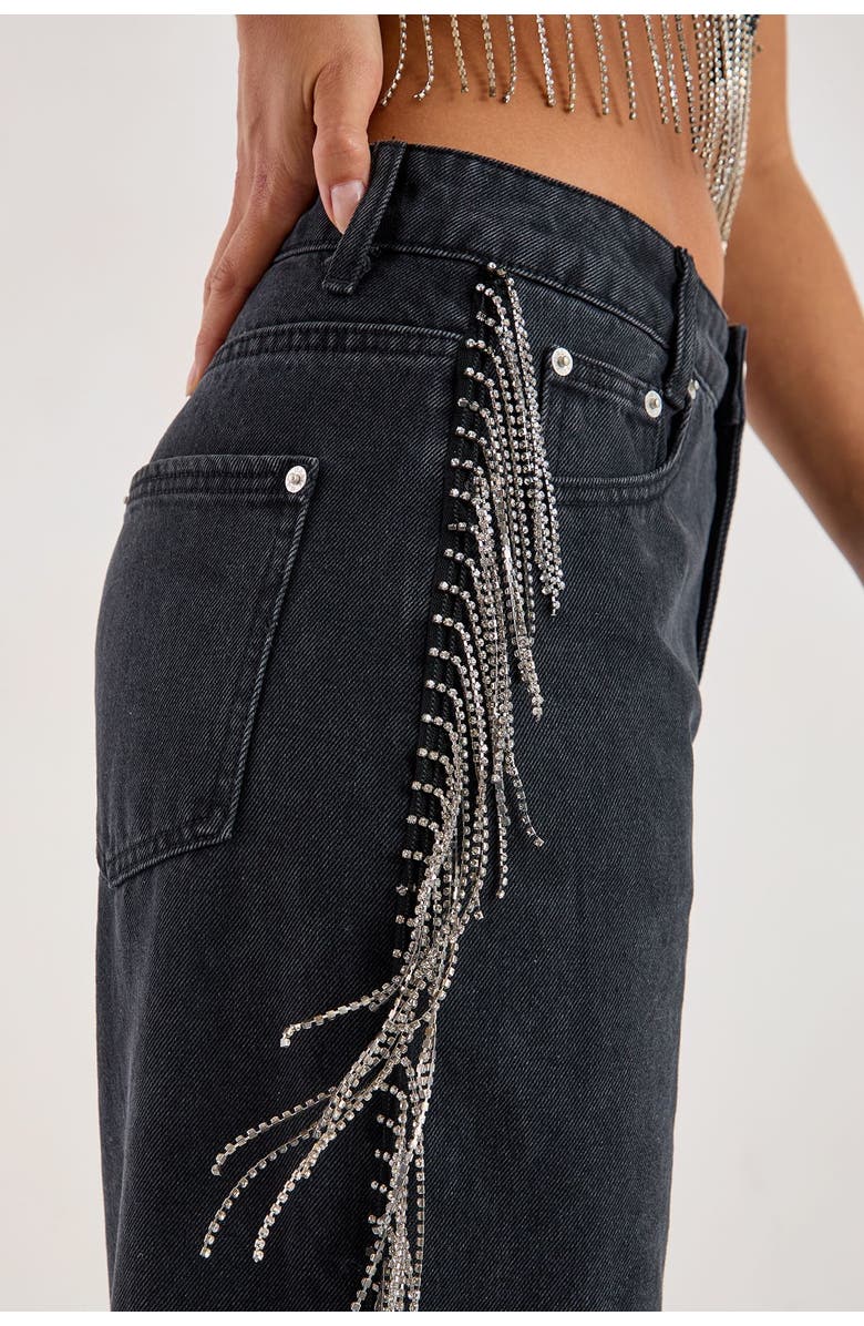 NASTY GAL Denim Diamonte Tassel Straight Leg Jeans, Alternate, color, Washed Black