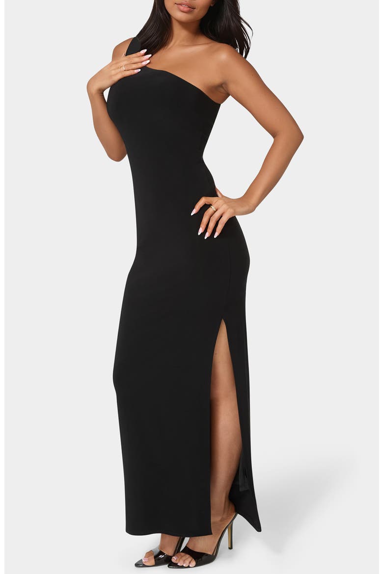 One-Shoulder Slit Maxi Dress, Alternate, color, BLACK