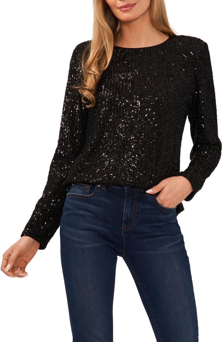 CeCe Sequin Long Sleeve Top, Main, color, Rich Black