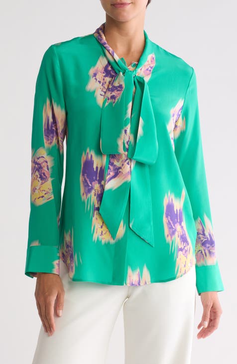 Miki Tie Neck Button-Up Silk Shirt