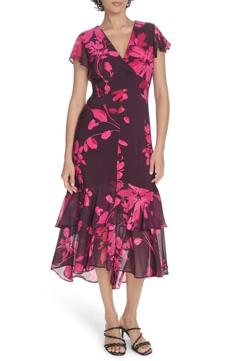 Chiffon Flutter Sleeve Midi Dress