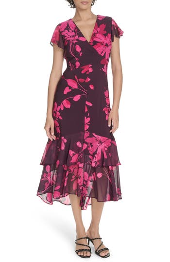 Tommy Hilfiger Chiffon Flutter Sleeve Midi Dress In Brown