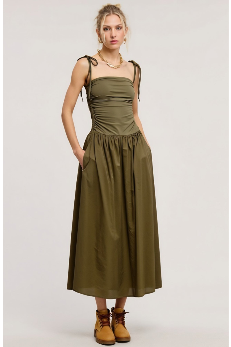 Ruched Bodice Midi Dress with Tie Straps and Full Gathered Skirt, Main, color, Olive Green