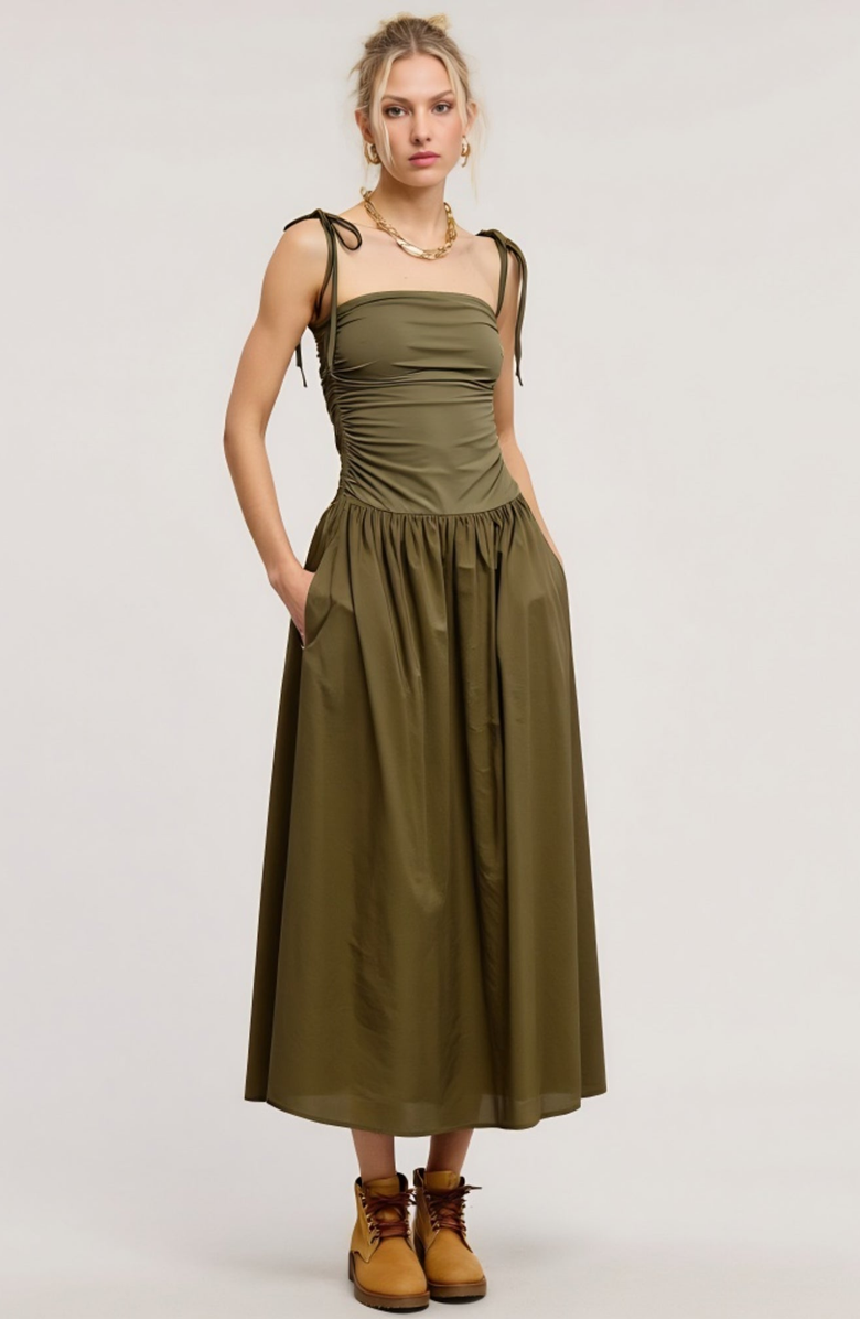 Modenaire Ruched Bodice Midi Dress with Tie Straps and Full Gathered Skirt, Main, color, Olive Green