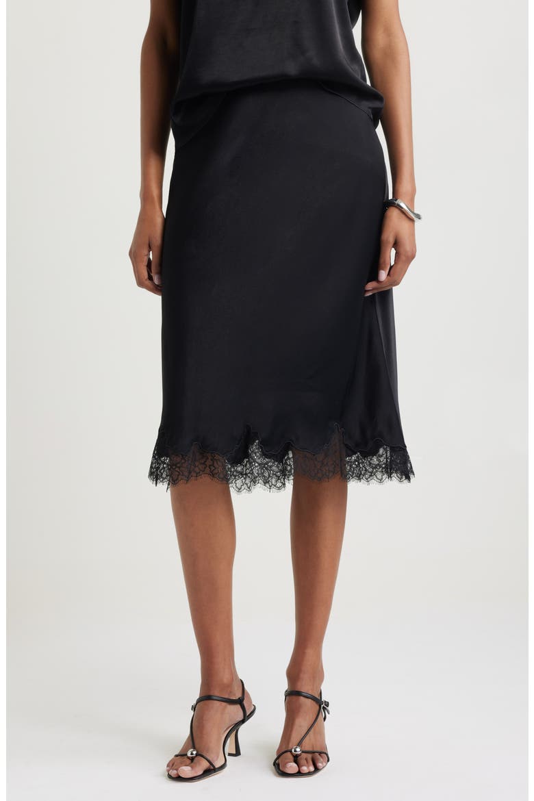 Lace Trim Bias Cut Midi Skirt, Main, color, BLACK