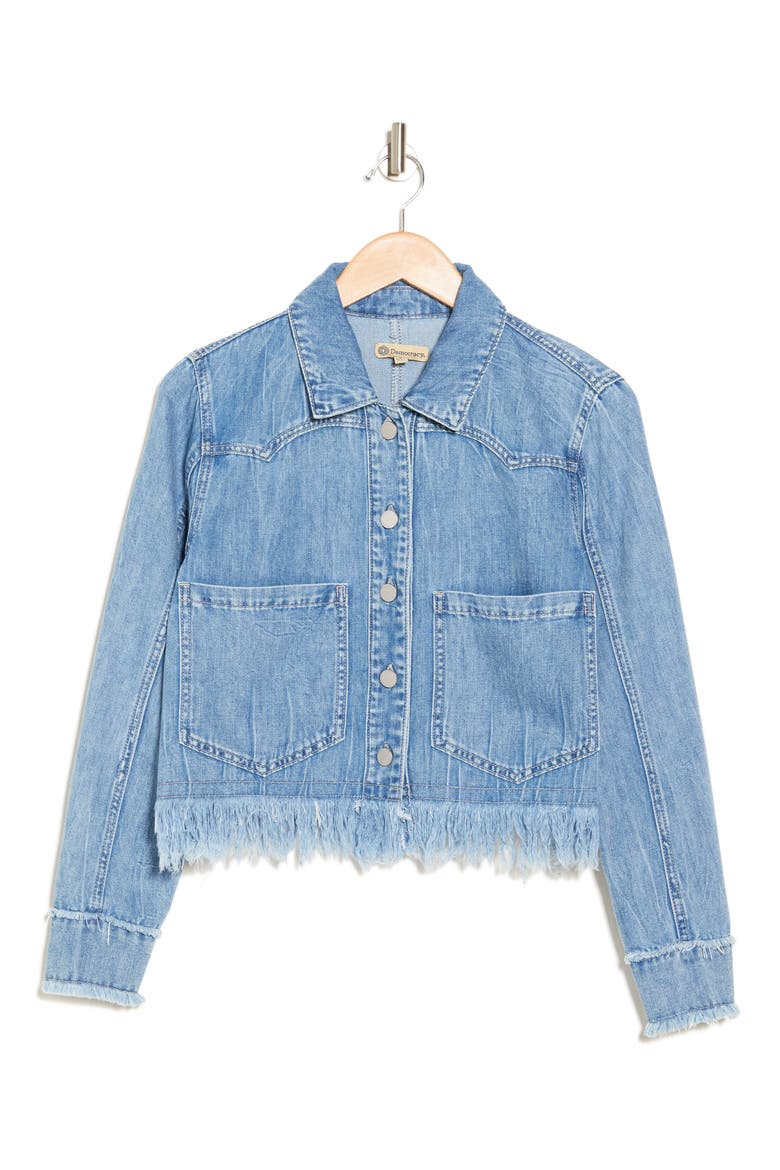 Chewed Frayed Hem Denim Jacket, Alternate, color, LIGHT BLUE