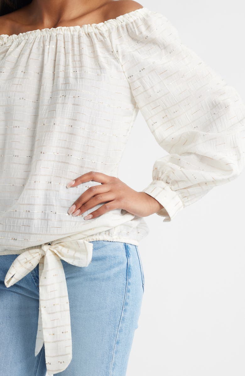 Vince Camuto Metallic Off the Shoulder Top, Alternate, color, New Ivory