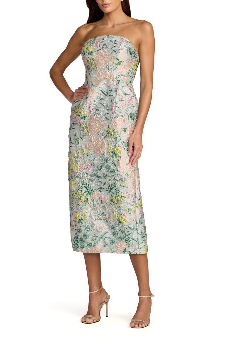Multicolor Strapless Brocade Midi Dress With Pockets, Alternate, color, Pastel Multi