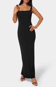 bebe Rhinestone Trim Square Neck Maxi Dress