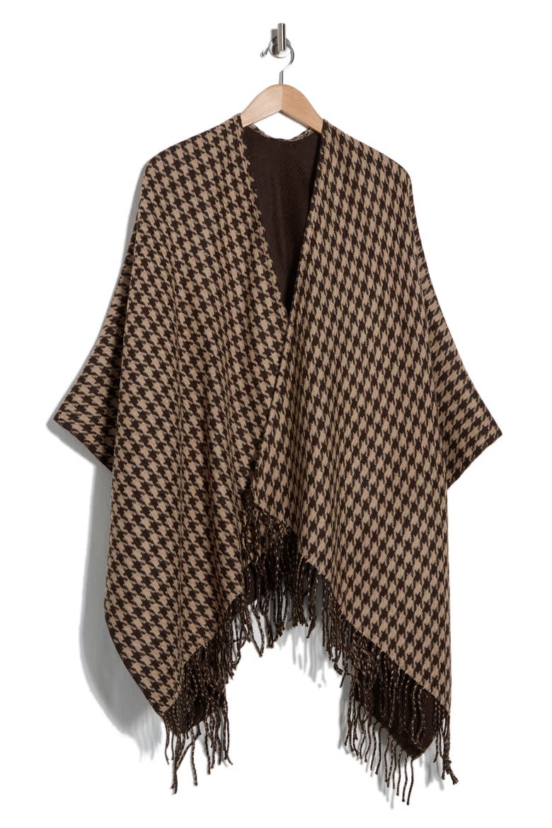 Houndstooth Fringe Trim Ruana, Alternate, color, BROWN