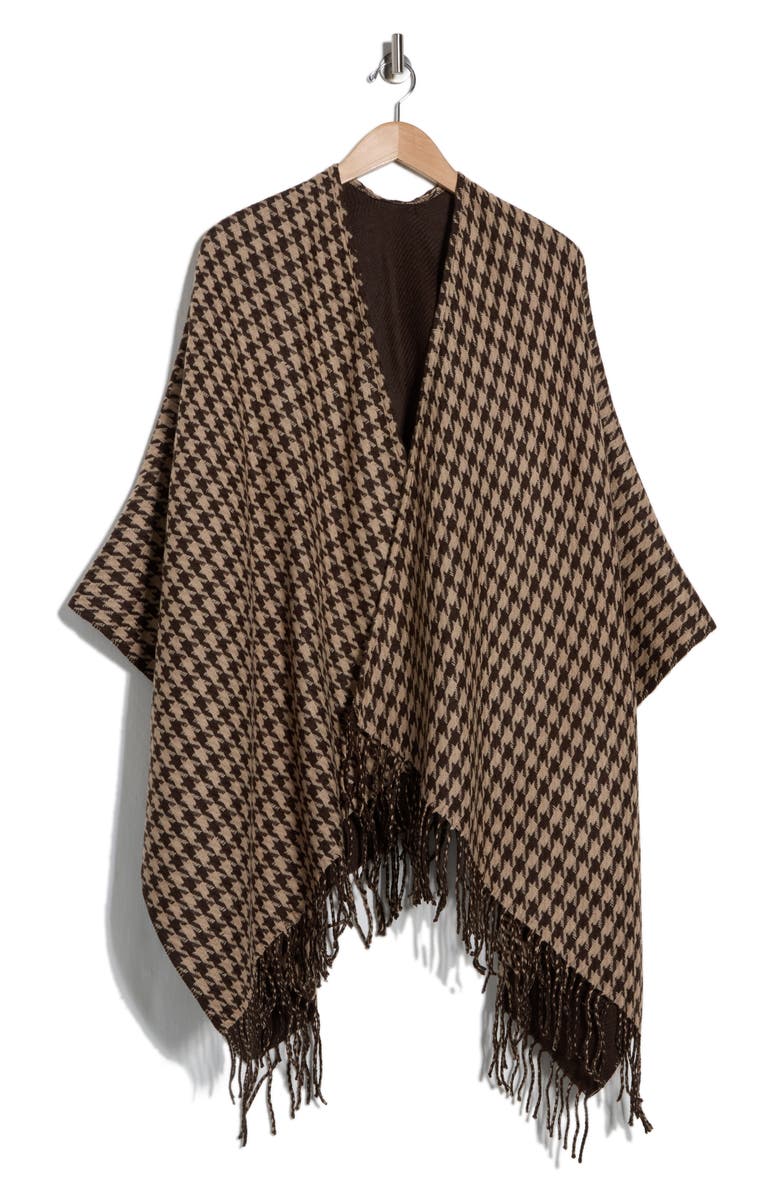 La Fiorentina Houndstooth Fringe Trim Ruana, Main, color, Brown