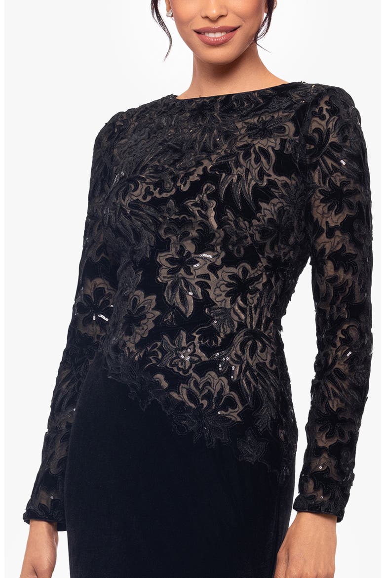 Sequin & Velvet Long Sleeve Gown, Alternate, color, BLACK/ NUDE