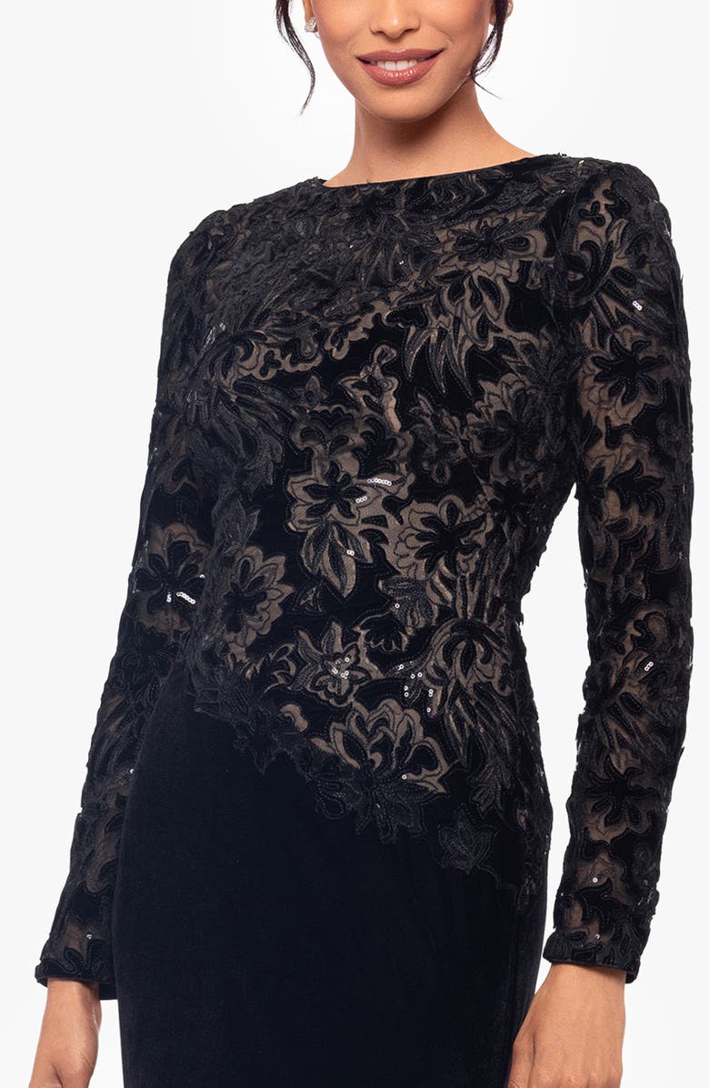 Betsy & Adam Sequin & Velvet Long Sleeve Gown, Alternate, color, Black/ Nude