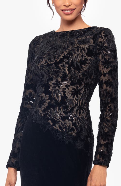 Betsy & Adam Sequin & Velvet Long Sleeve Gown In Black