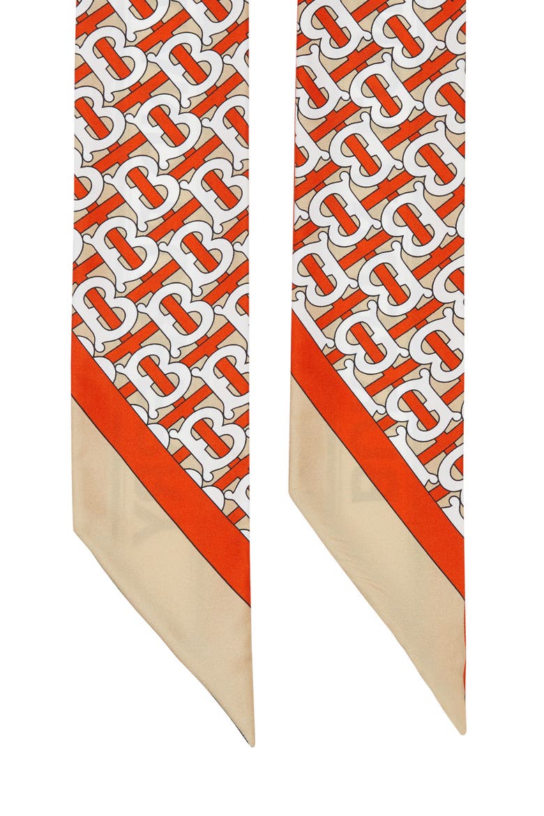 Logo & TB Monogram Print Skinny Silk Scarf, Alternate, color, VERMILLION