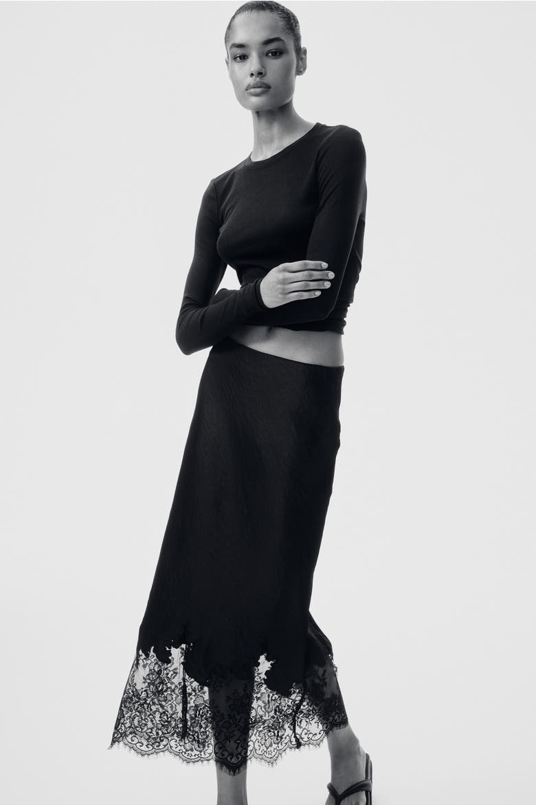 Lace-trimmed Satin Skirt, Main, color, Black