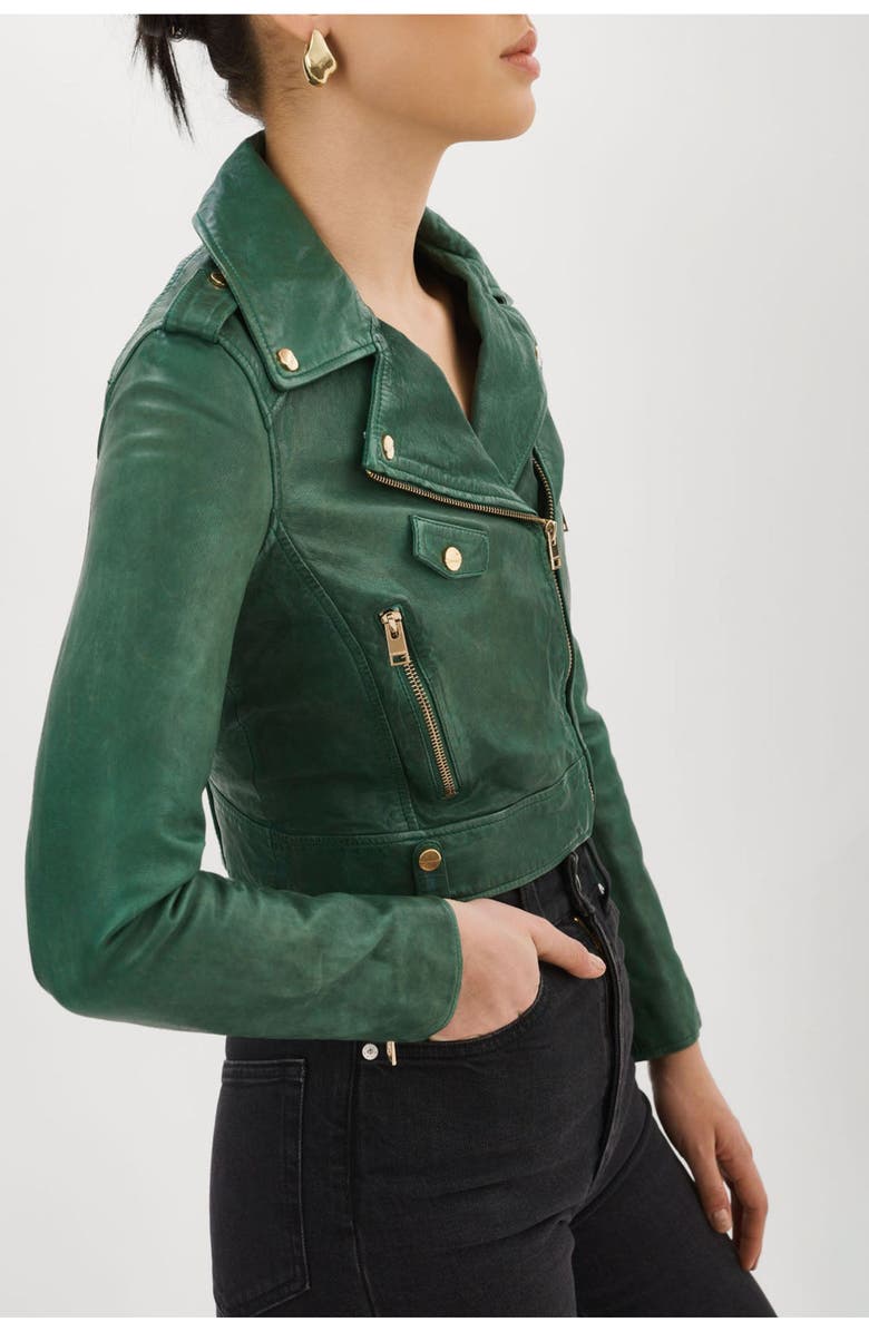 LAMARQUE Ciara | Cropped Leather Biker Jacket, Alternate, color, Bottle Green
