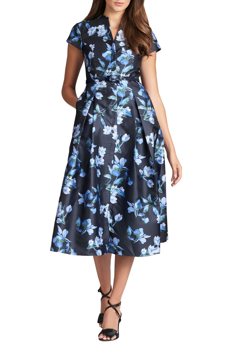 Martine Floral Print Belted Midi Dress, Main, color, NIGHT SKY VENETIAN PETAL