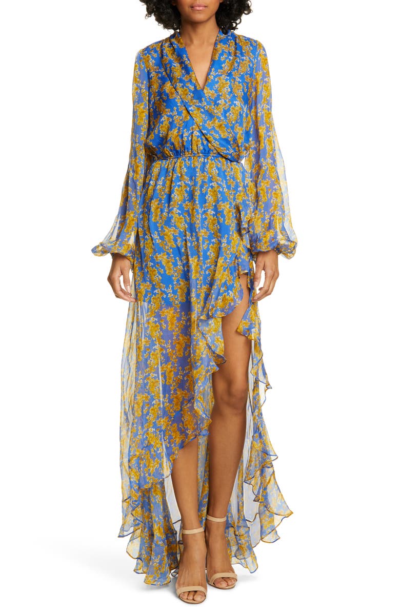 CAROLINE CONSTAS Liv Floral Print Long Sleeve High/Low Gown, Main, color,