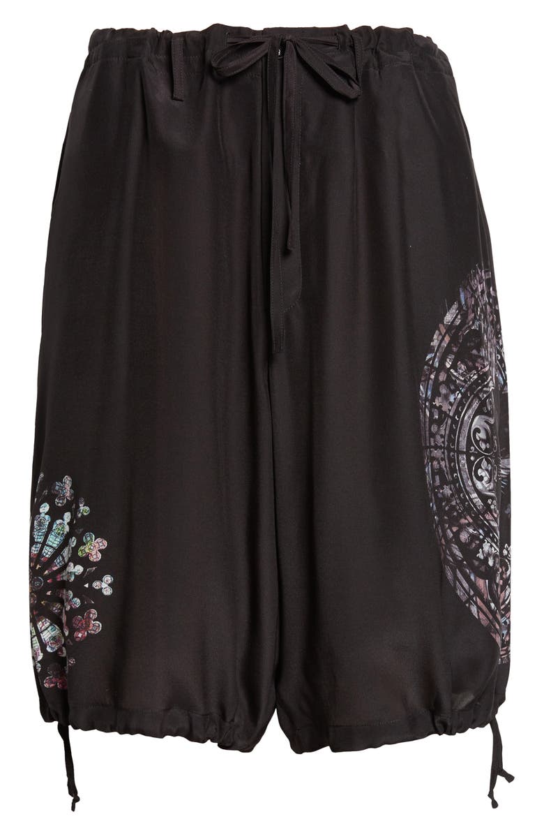 Yohji Yamamoto Asymmetric Print Silk Shorts, Main, color, Black