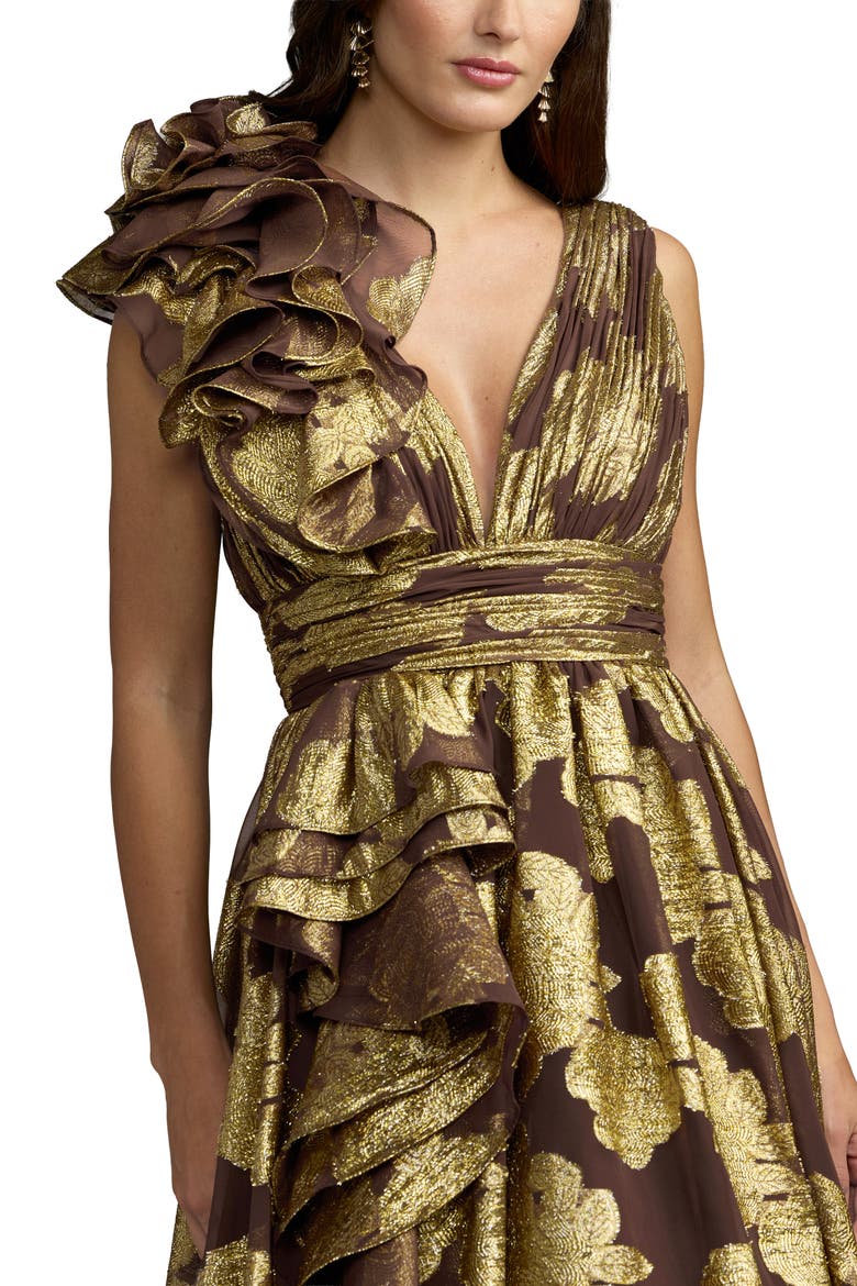 Metallic V-Neck Ruffle Detail Ball Gown, Alternate, color, Chocolate