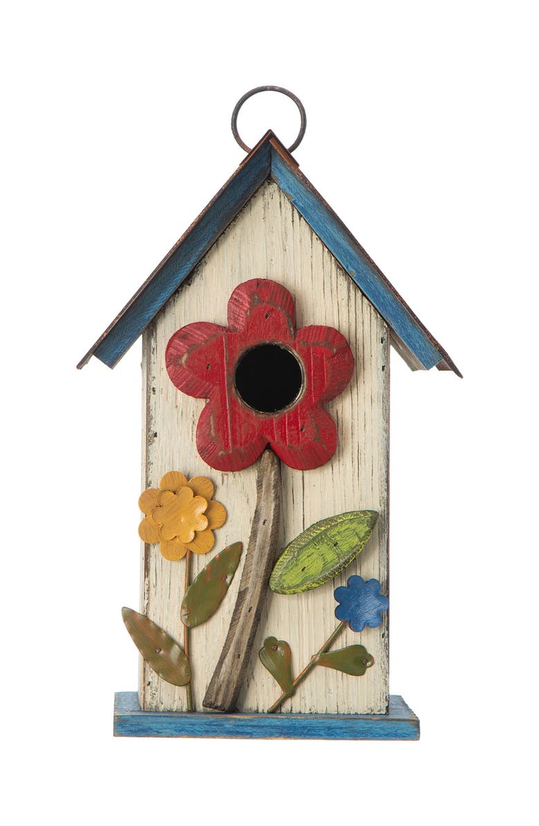 Glitzhome 10"H Multicolor Cute Distressed Solid Wood Birdhouse with 3D Flowers, Alternate, color, White