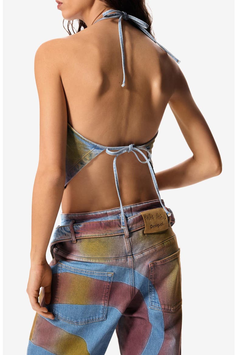 Halter Cotton Blend Denim Top, Alternate, color, NAVY/ MEDIUM BEIGE