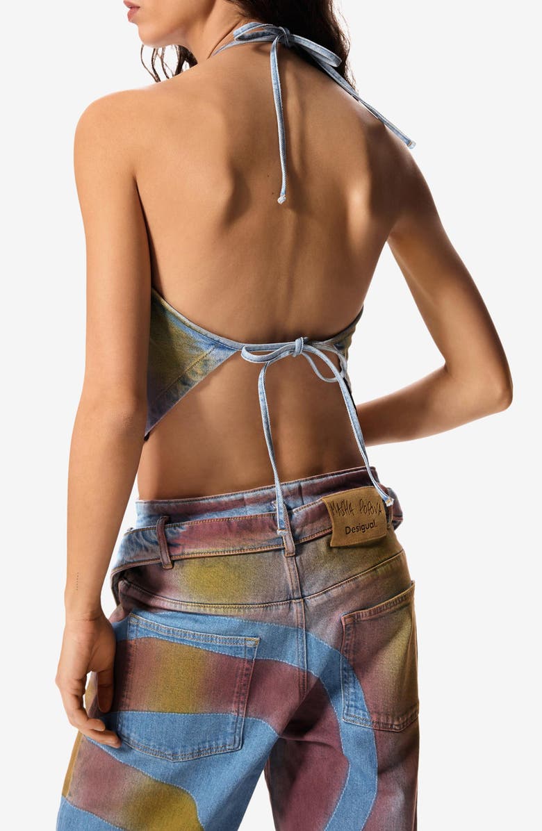 Desigual Halter Cotton Blend Denim Top, Alternate, color, Navy/ Medium Beige
