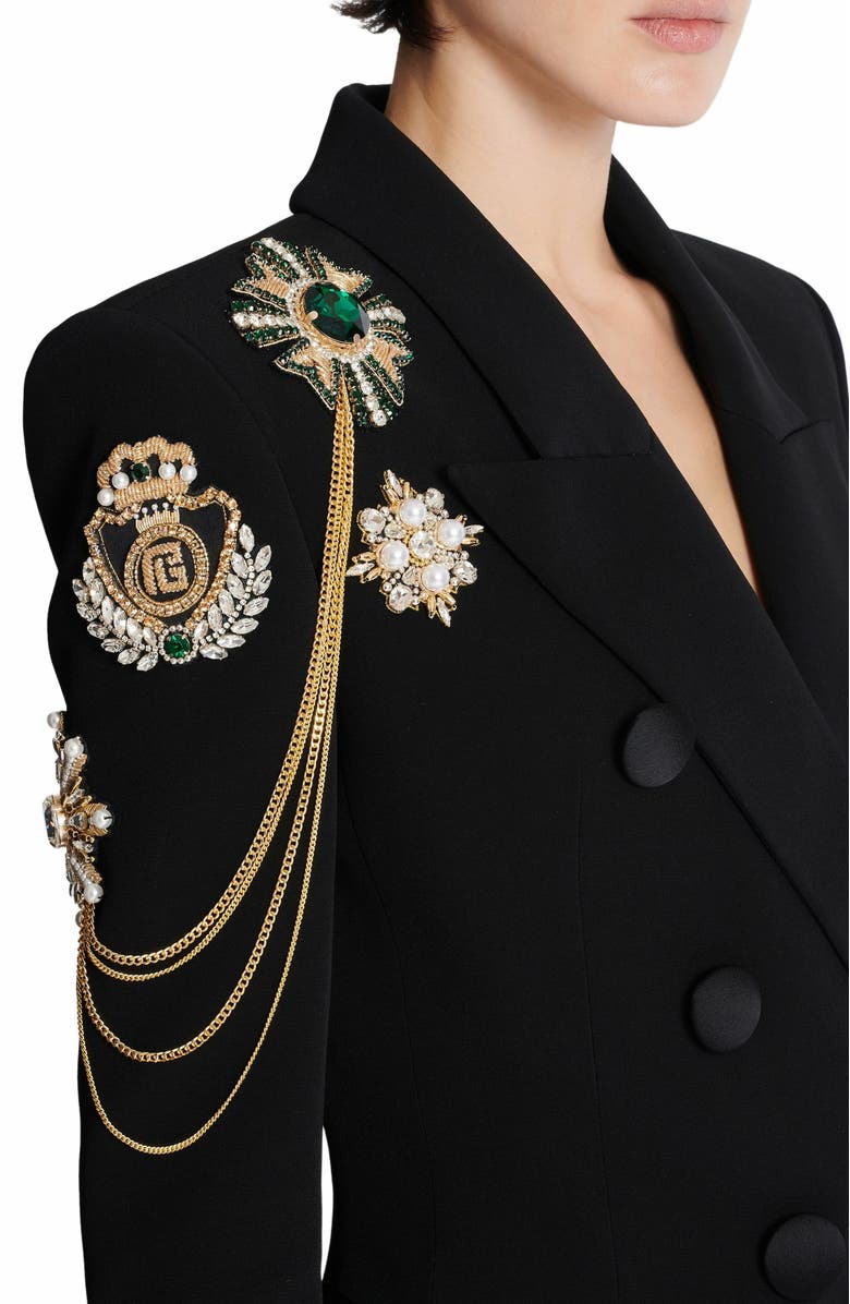 Balmain Crepe 6-Button Jacket With Embroidered Patches, Alternate, color, Black