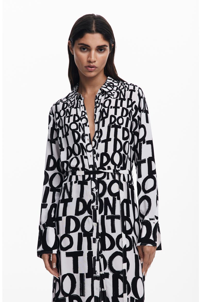 Print Tie Waist Maxi Shirtdress, Alternate, color, WHITE/BLACK