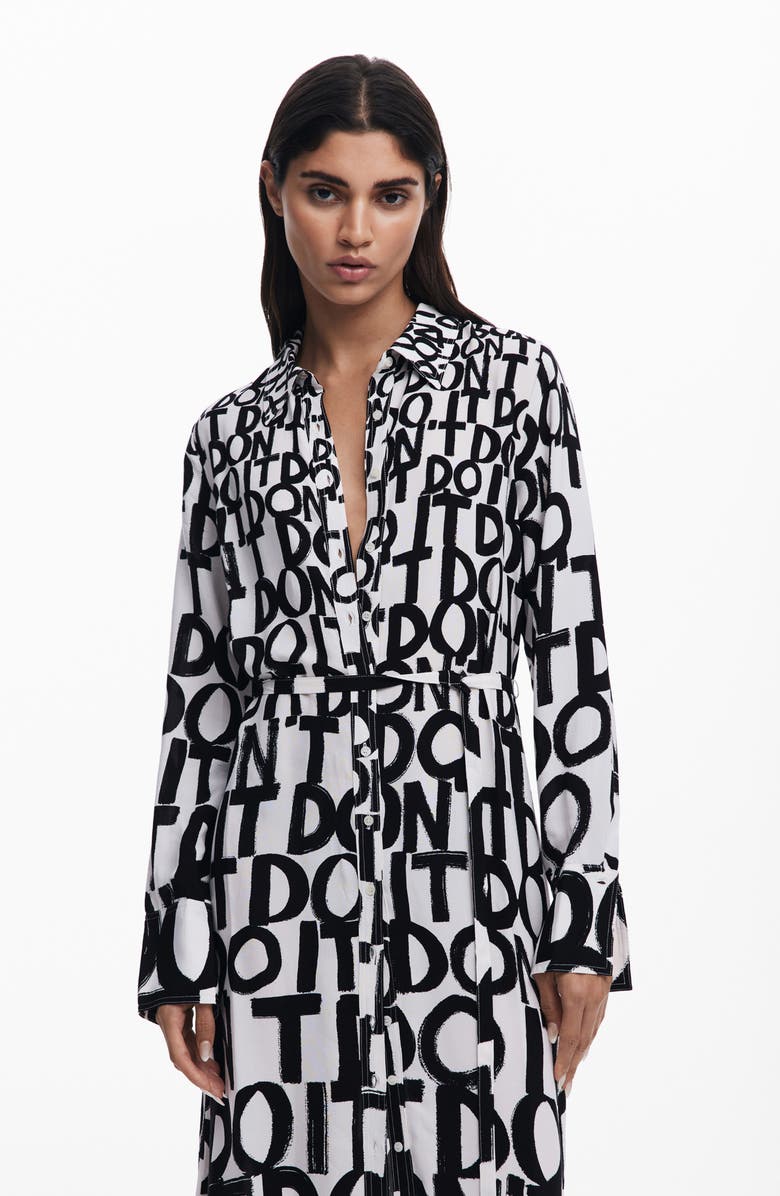 Desigual Print Tie Waist Maxi Shirtdress, Alternate, color, White/Black