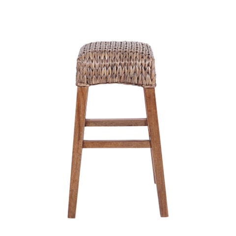 Maui Hyacinth/Wood Backless Stool, Woven Seat with Natural Wood Frame