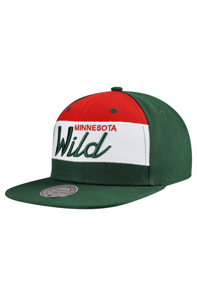 Men's Mitchell & Ness Green Minnesota Wild Retro Script Colorblock Snapback Hat, Alternate, color, Green