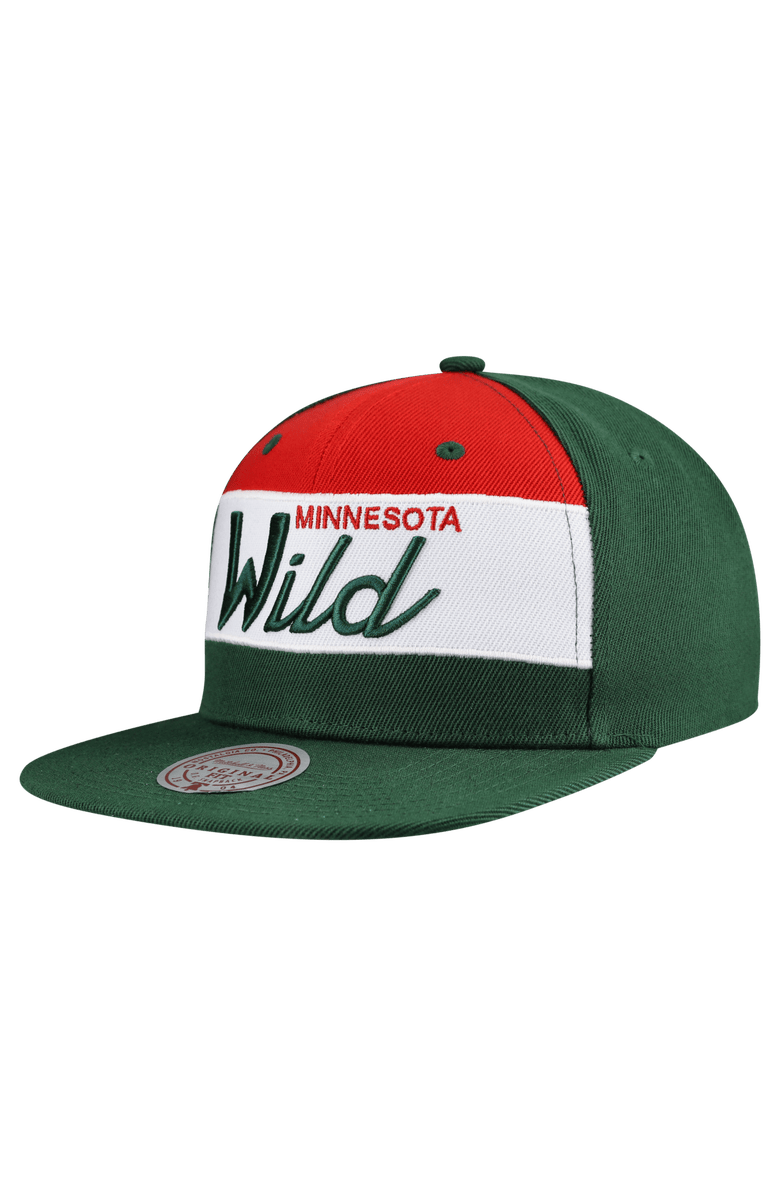 Mitchell 
Ness Men
s Mitchell 
Ness Green Minnesota Wild Retro Script Colorblock Snapback Hat, Alternate, color, Green