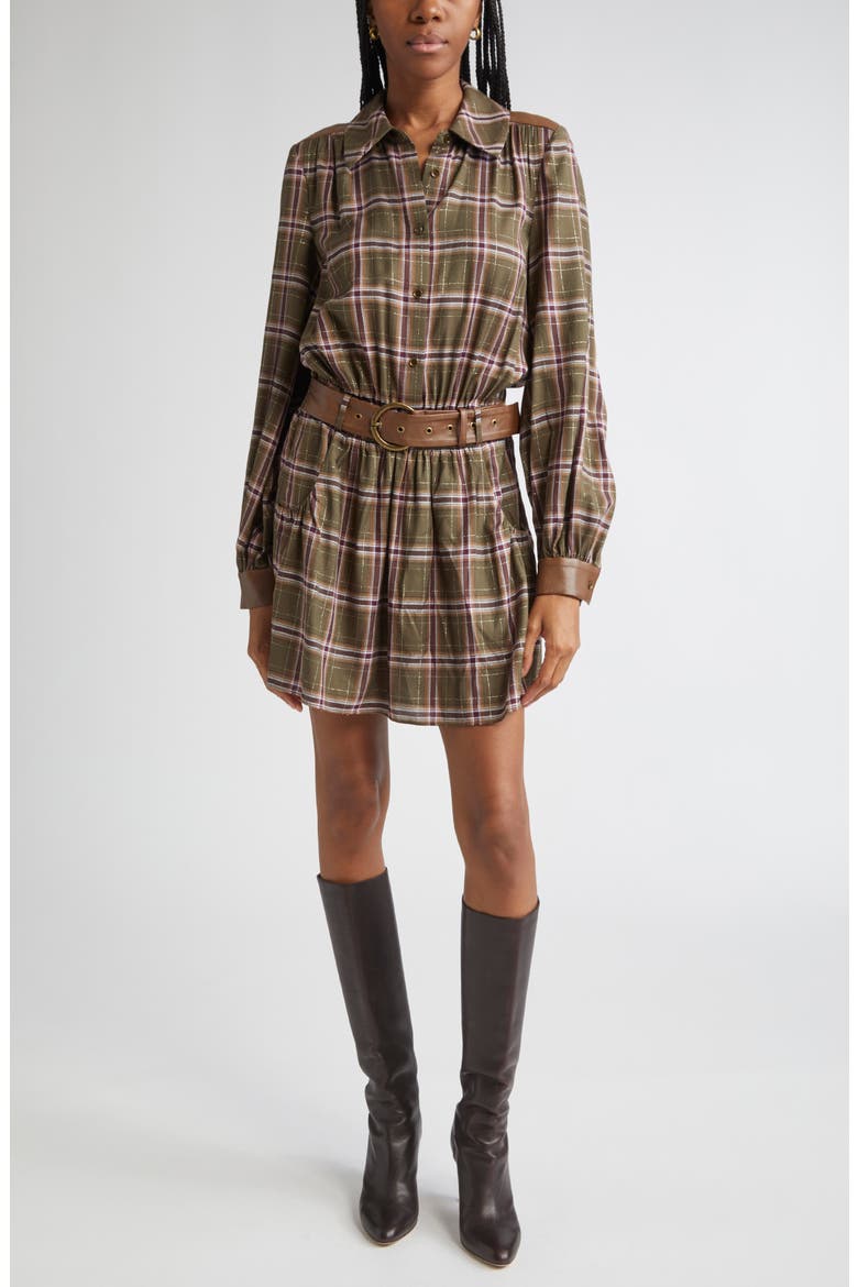 Jim Belted Metallic Long Sleeve Dress, Main, color, DEEP OLIVE PLAID
