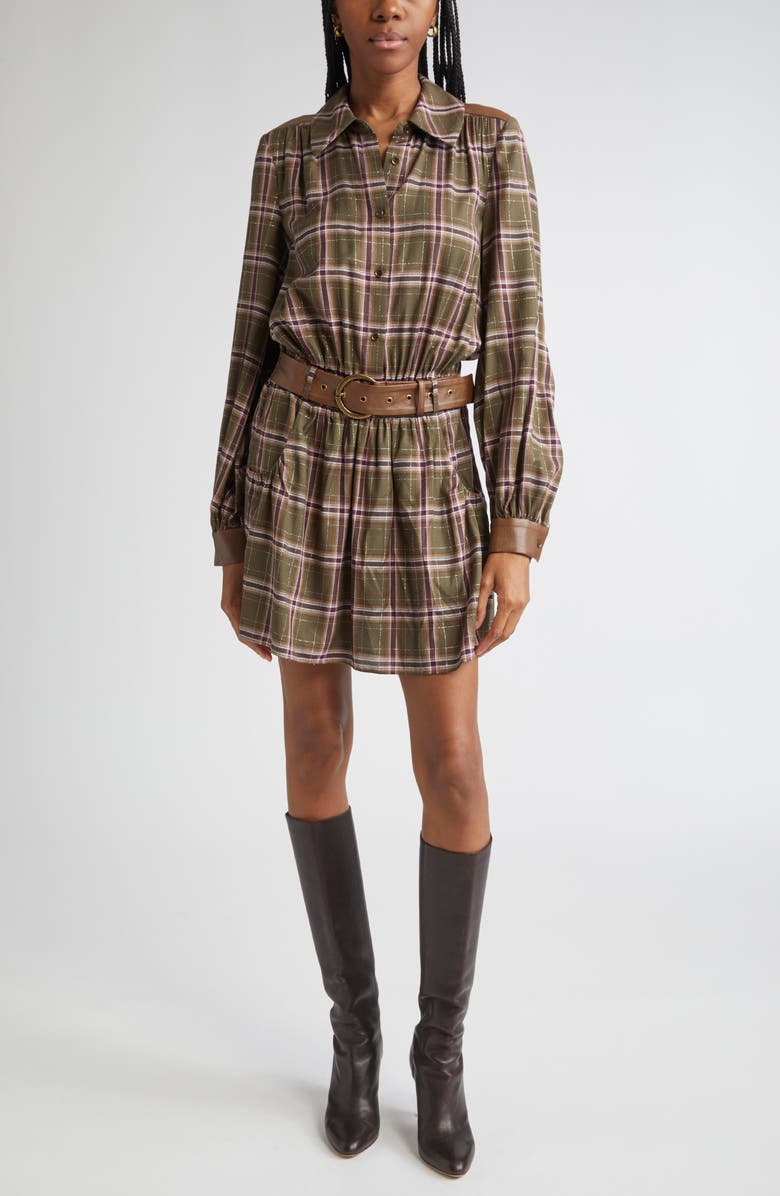 Ramy Brook Jim Belted Metallic Long Sleeve Dress, Main, color, Deep Olive Plaid