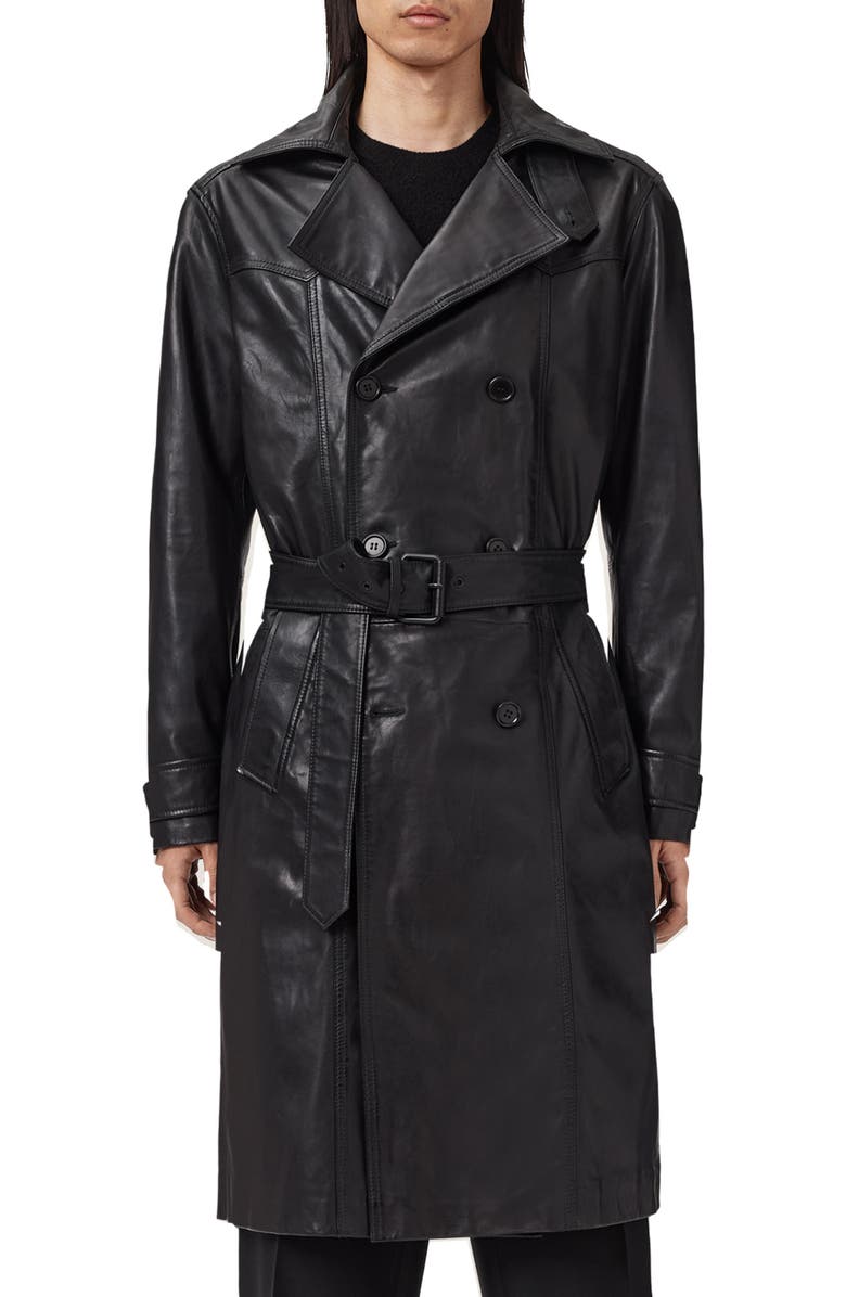 AllSaints Kellett Leather Trench Coat, Main, color, Black