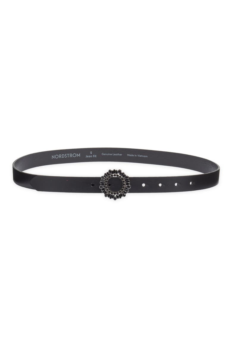 Luna Crystal Embellished Buckle Leather Belt, Main, color, BLACK
