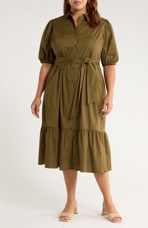 Ruffle Hem Stretch Cotton Shirtdress (Plus)