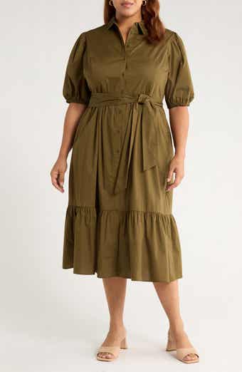 Caslon® Ruffle Hem Stretch Cotton Shirtdress