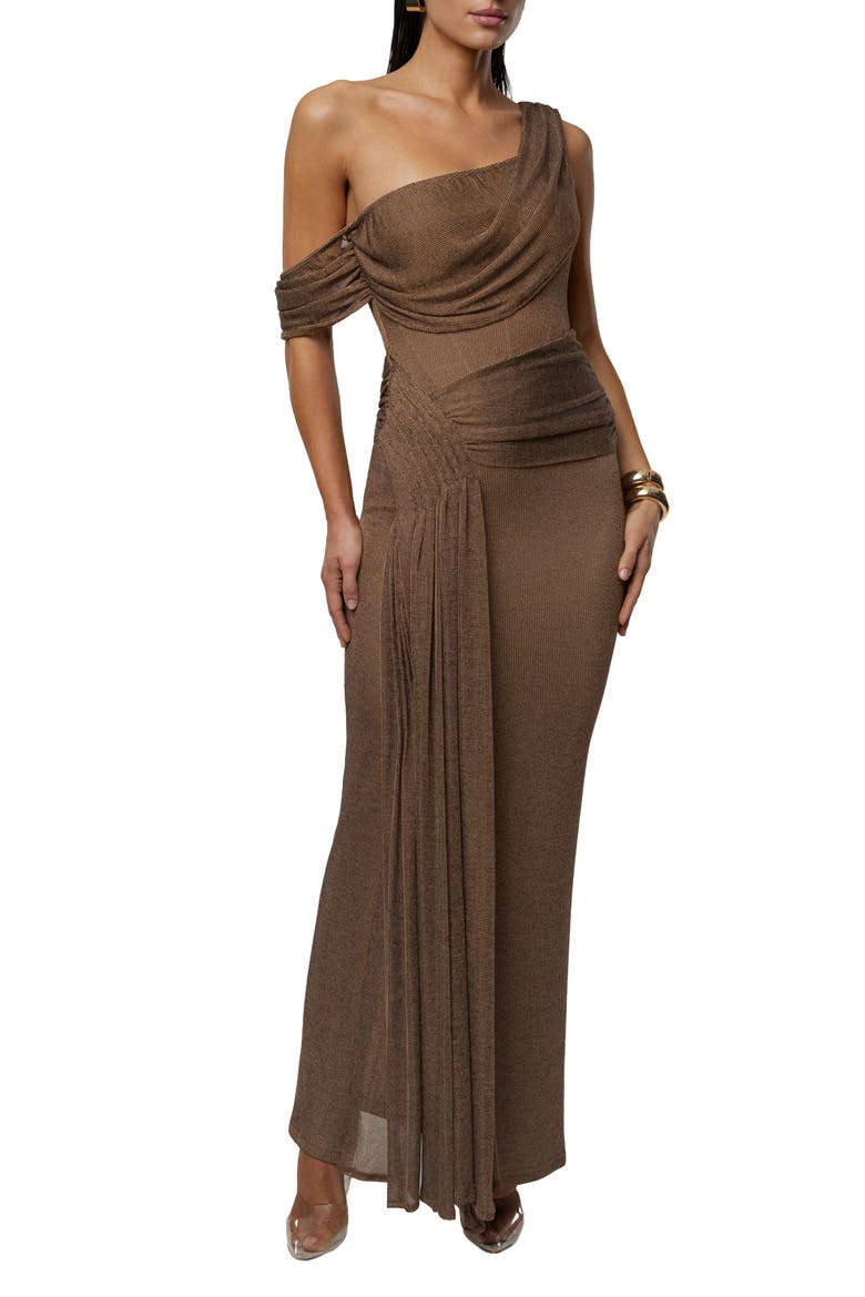 Drape Metallic One-Shoulder Gown, Main, color, BROWN