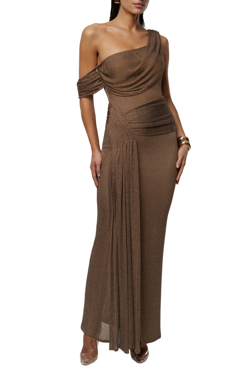 JLUXLABEL Drape Metallic One-Shoulder Gown, Main, color, Brown