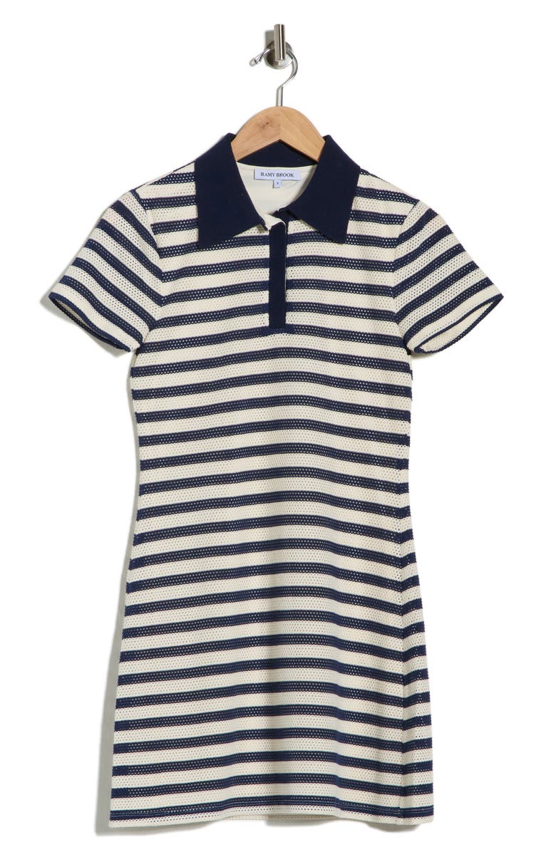 Ramy Brook Elin Stripe Short Sleeve Polo Dress, Main, color, Sporty Stripe Knit Navy