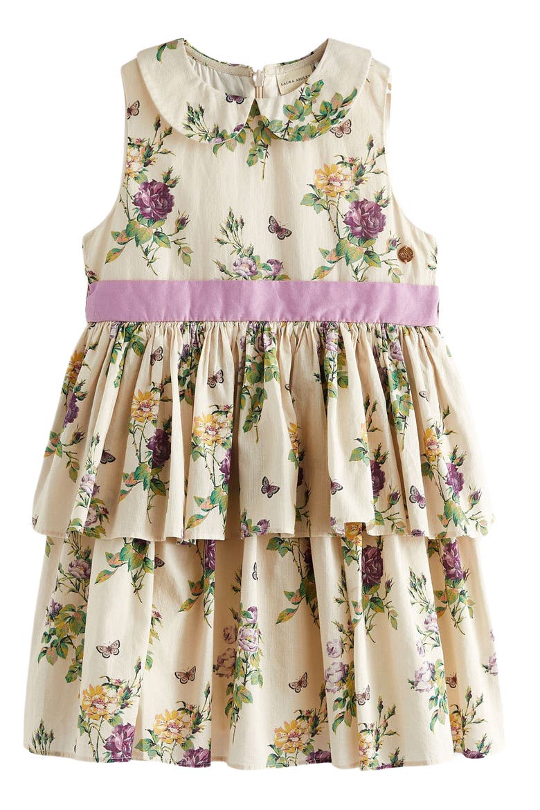 Kids' Floral Tiered Cotton Dress, Alternate, color, CREAM / PURPLE