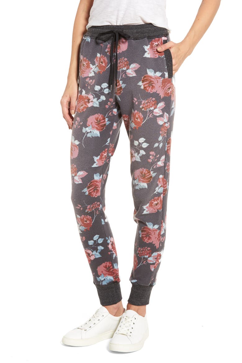 Chelsea Rose Print Jogger Pants, Main, color, PITCH BLACK